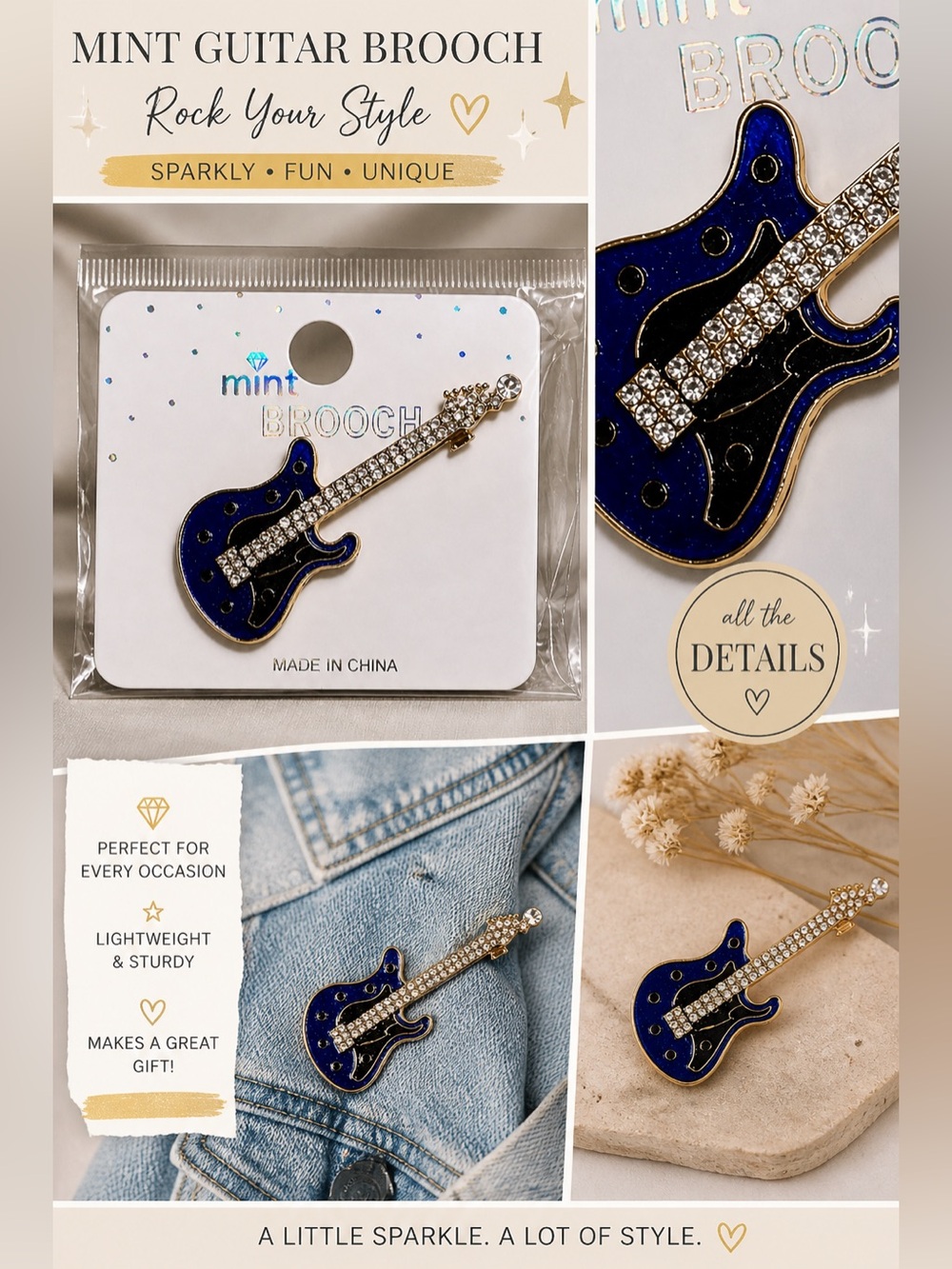 Blue Rhinestone Guitar Brooch Pin Gold Tone Sparkly Music Jewelry Cute Gift